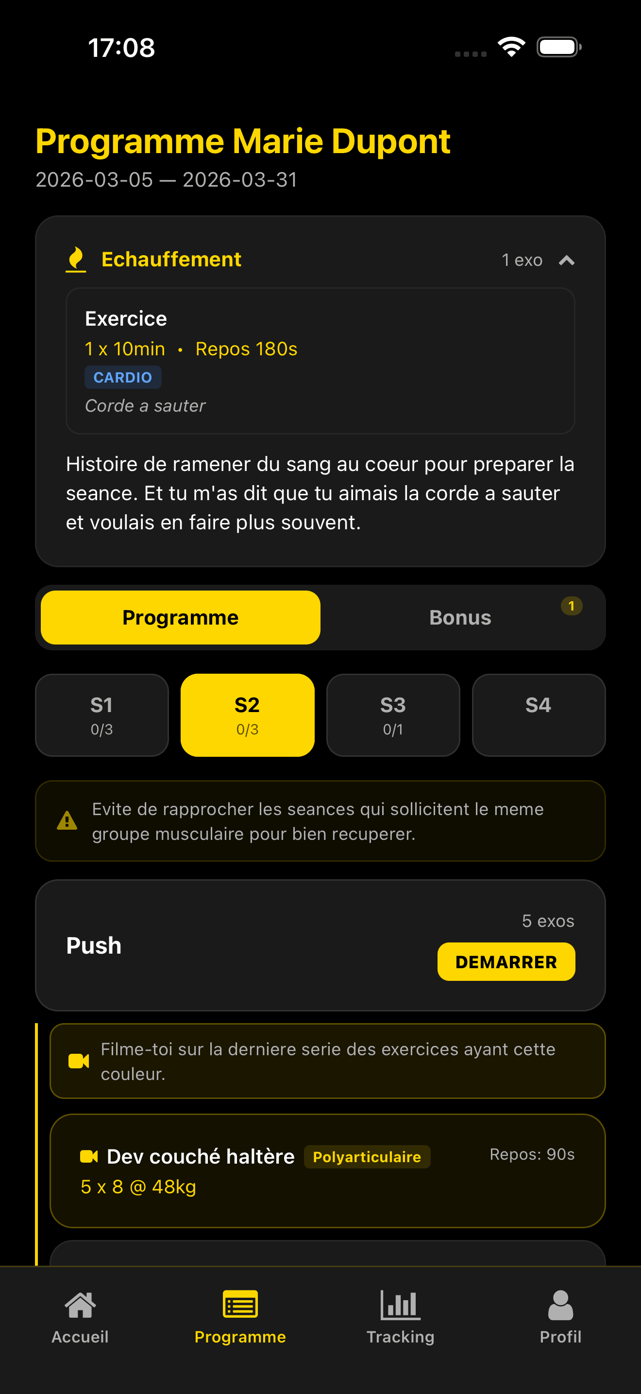 Programme d'entraînement détaillé avec exercices